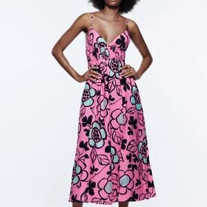 Zara Fuchsia Printed Poplin Midi Length Dress Size Medium Pink Spaghetti Strap